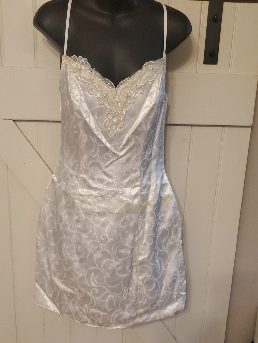 Pearl White Satin Lace-Trim Mini Slip Dress